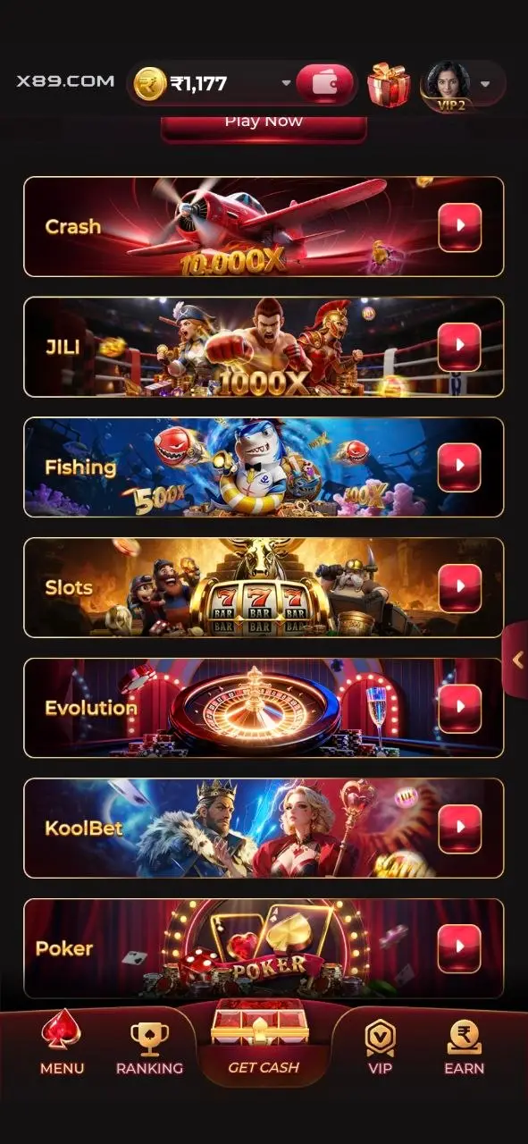 X89 app game category list with crash, slots, poker and fishing games